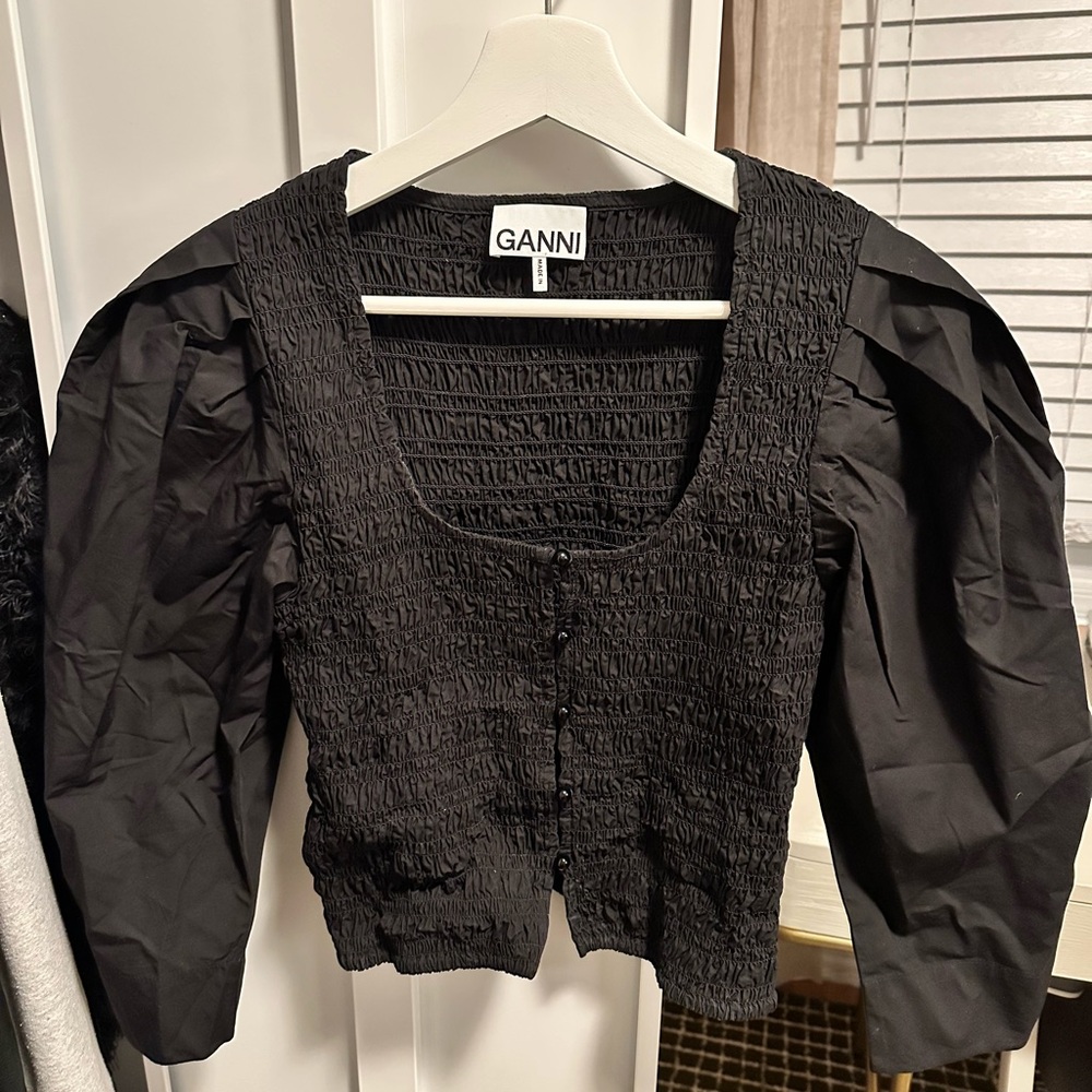 Ganni Black Smocked Blouse with Puff Sleeves